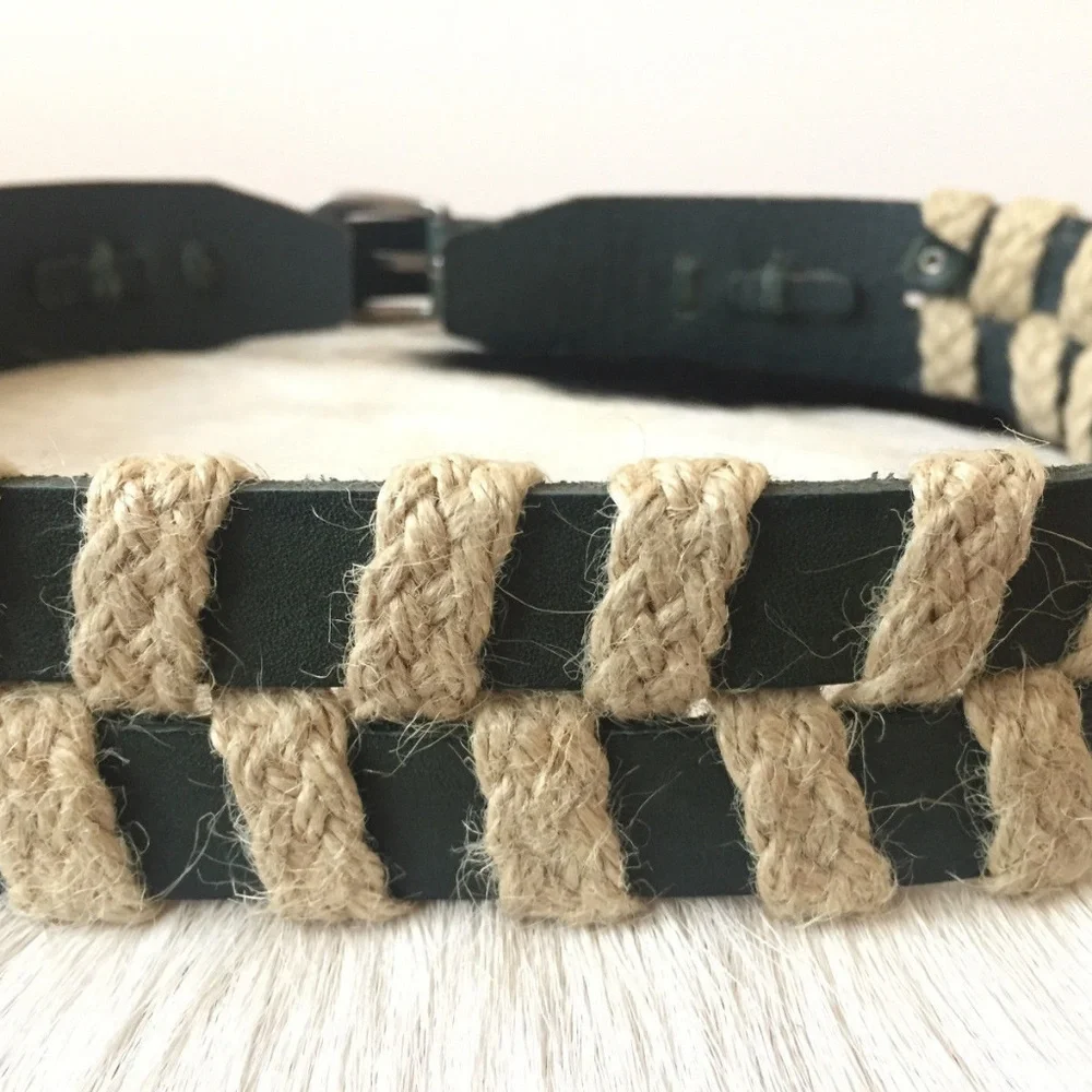 Anthropologie Linea Pelle Summer Grasses Belt Dark Green Leather & Jute, S & M